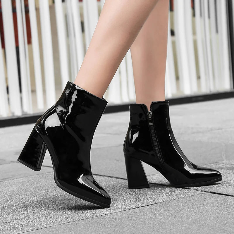 Soufree  -  Fashion Gold Silver Shoes Mirror Patent Leather Short Tube Women Ankle Boots Round Toe Zipper High Heeled Purple Ankle Booties