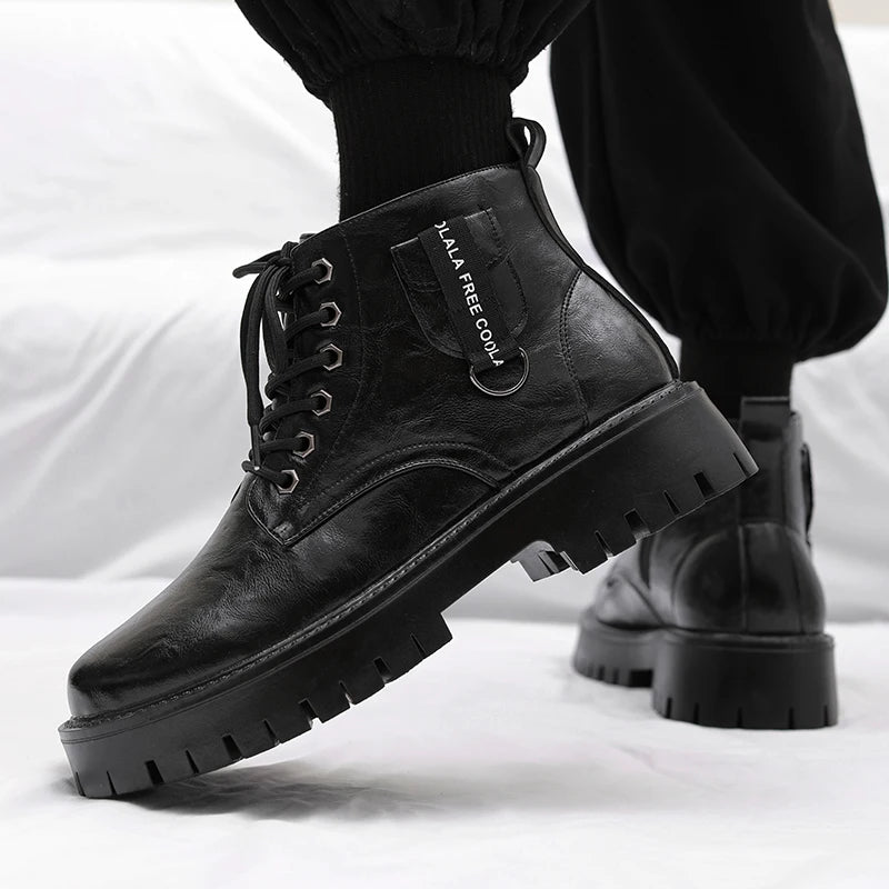 Soufree  -  Men's high top leather shoes Trendy British style Party Outdoor Recreation Daily office thick soled men's boots Black shoes