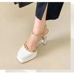 Soufree  -  unique shoes rivet platform heels sandals Mary Jane Shoes Buckle Pumps Women Elegant Shallow Square Toe Footwear Outdoor Lady Shoes white