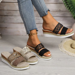 Soufree  -  Fashion Hollow Woven Bandage Sandals Fish Mouth Wrap The Instep Wedge Heel Slippers Women Comfortable Dressy Open Toe Shoes