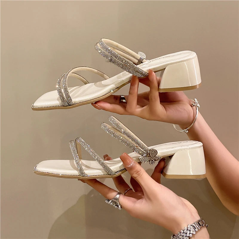 Soufree  -  Sweet Women Slippers Casual Mules Square Mid Heels Round Toe Women Shoes Bling Butterfly Knot Summer Slippers Plus Size Zapatos