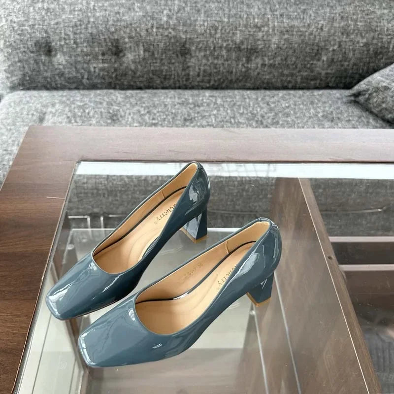 Soufree  -  prom shoes Spring  Autumn New High Heels Women Square Toe Pumps Female Fashion Concise Patent Leather Elegant Office Women's Shoes