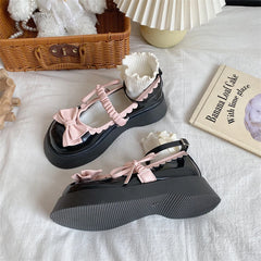 Soufree  - Lolita Sweet Bow Thick Bottom Small Cos Jk Leather Shoes Women's Summer/autumn Kawaii Loli Stage Dance Shoes