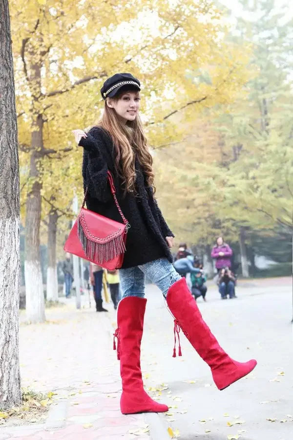 Soufree  -  unique shoes Sexy Womens Boots Faux Suede Over The Knee Flat Warm Boots Comfortable Thigh High Boots Lace-up Woman Winter Shoes High Quality