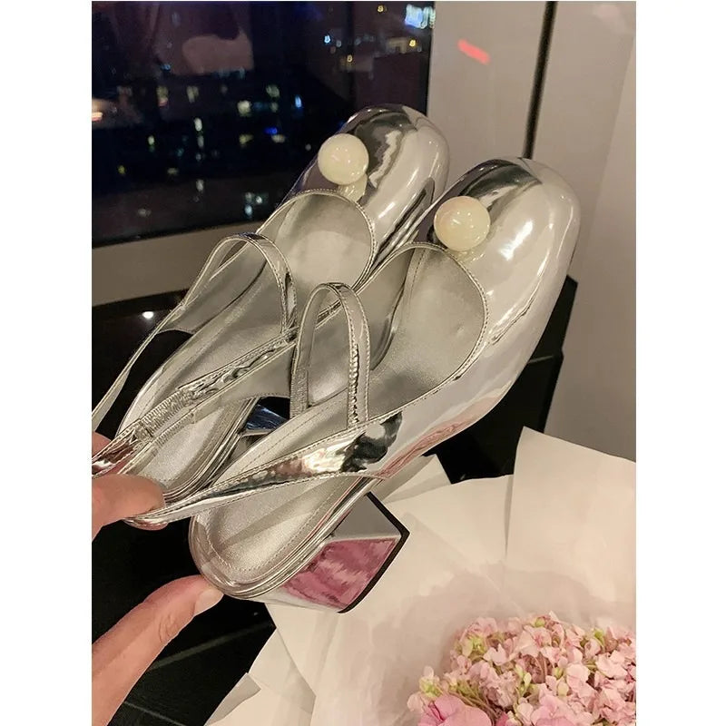 Soufree  -  Fairy Wind Silver Mary Jane Shoes Female Summer New Single Shoes Chunky Heels Pearl Bow-head Sandals Female Pumps