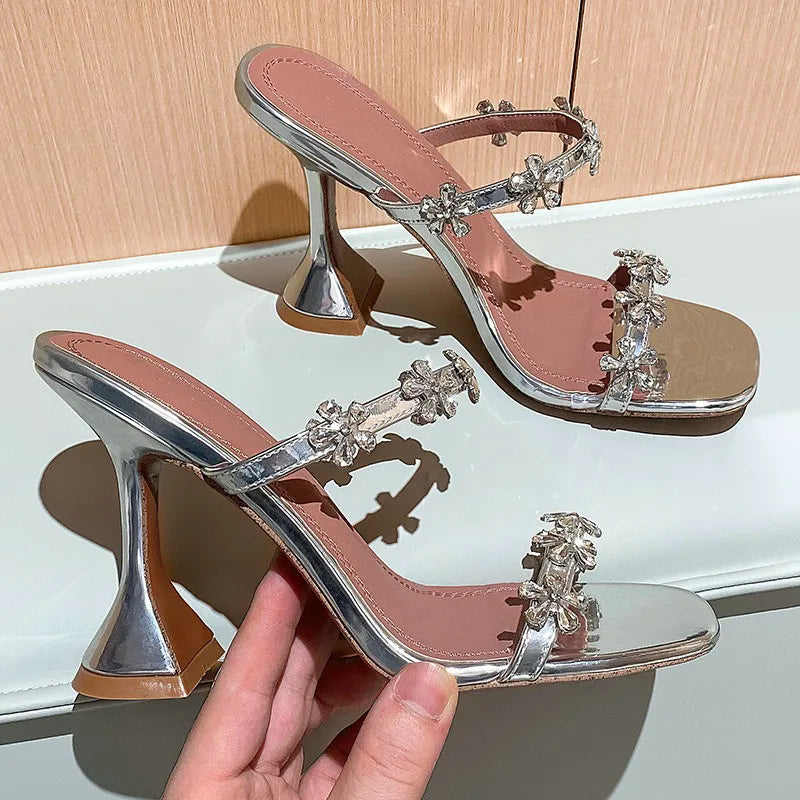 Soufree  - Square Head Rhinestone Sandals Slipper Women  Summer New Fairy Wind Sexy Open-toe High Heels