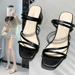 Soufree  -  summer shoes New Women Sandals Ladies Square Heels Elegant Summer Slippers Fashion Woman Sandals Fashion Low-heel Sandals for Women