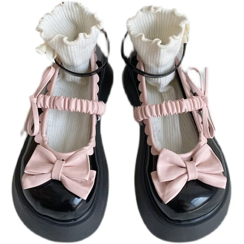 Soufree  - Lolita Sweet Bow Thick Bottom Small Cos Jk Leather Shoes Women's Summer/autumn Kawaii Loli Stage Dance Shoes