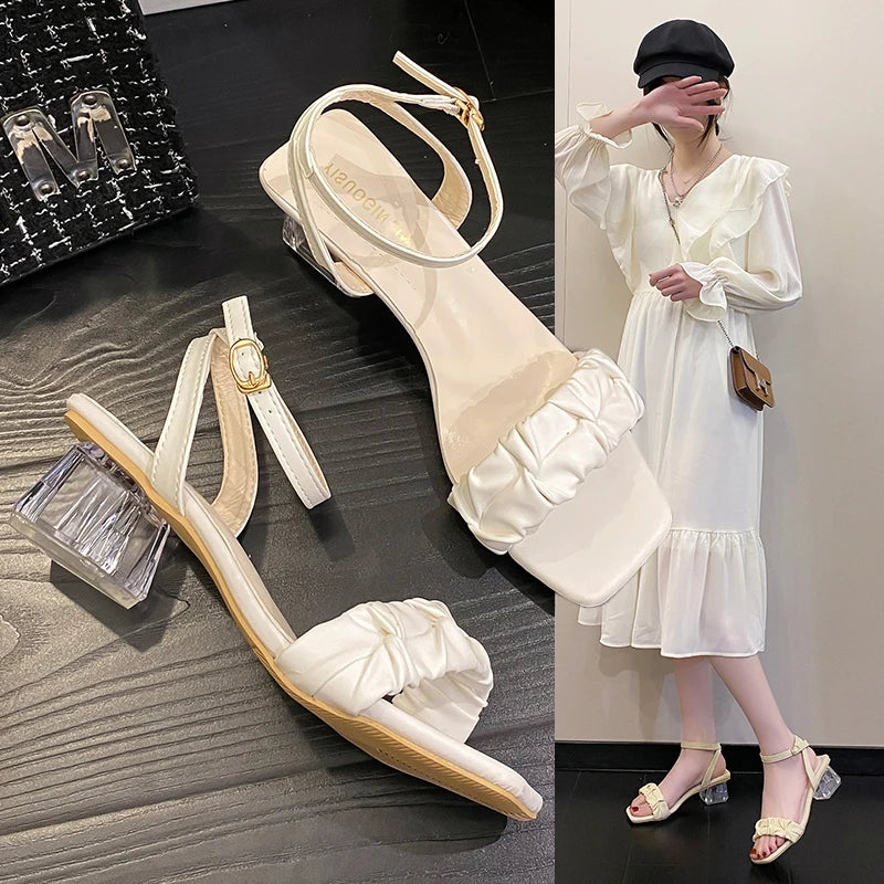 Soufree  -  Fashion Sandals Women Casual Square High Heels Women Shoes Solid Buckle Strap Crystal Pleated Summer Shoes Plus Size Sandalias