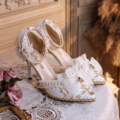 Soufree  -  Original One Night Story Lolita Shoes Tea Party Bridal Wedding Shoes White Pointed Flower Wedding Shoes High Heels Lo Shoes