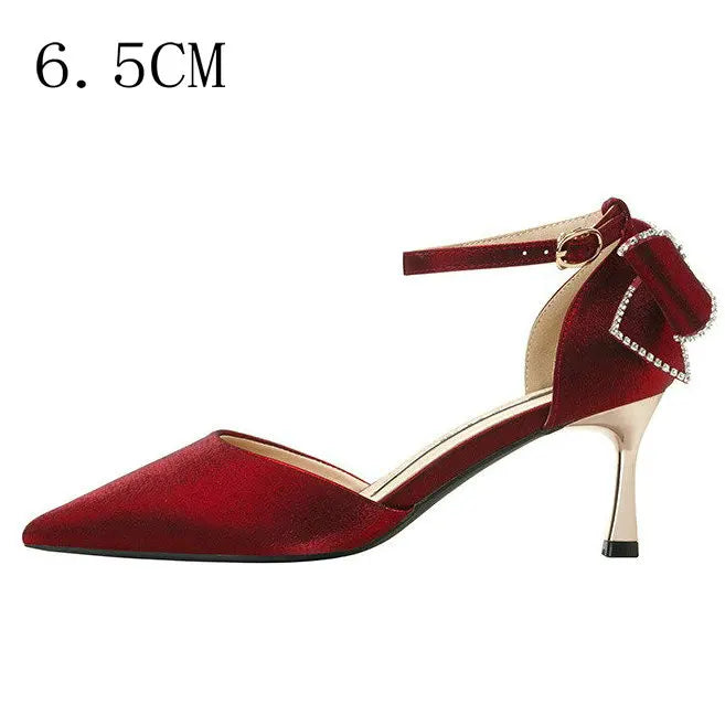 Soufree  - Star style Women Satin Pumps Fashion Rhinestones Stiletto High heels Party Shoes Summer Butterfly-knot Wedding Shoes