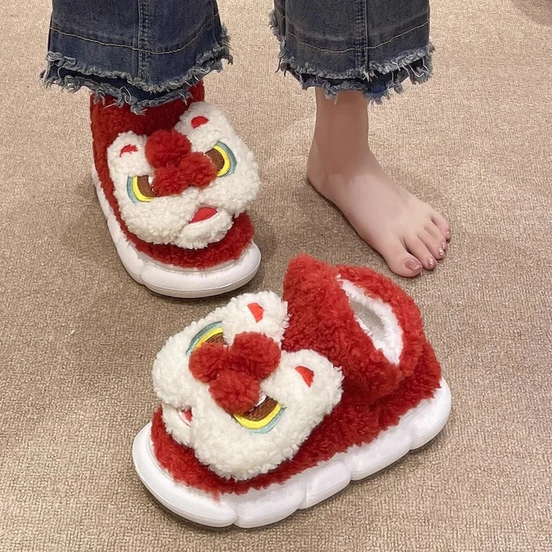 Soufree  -  New Chinese Style Indoor Fluffy Slippers For Women Men Winter Warm Shoes Cute Cartoon Anti-slip Couples Home Snow Boots