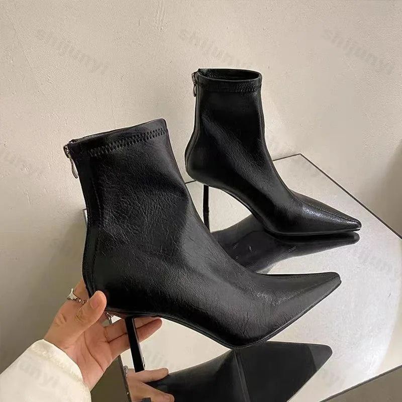 Soufree  -  Women Slim Ankle Boots New Fashion Elegant Pointed Toe Soft Leather Shoes Thin High Heel Autumn Women Morder Short Booties