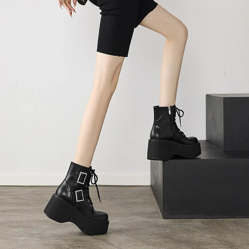 Soufree  -  Chunky Women Short Boots Fashion Crystal Metal Decoration Shoes Autumn Winter Wedges High Heel Women's Ankle Booties