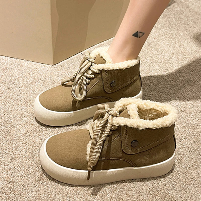 Soufree  -  Platform Snow Boots for Women Winter Casual Cotton Shoes Lace Up Suede Flat Bottom Sneakers Short Plush Ladies Shoes Short Botas