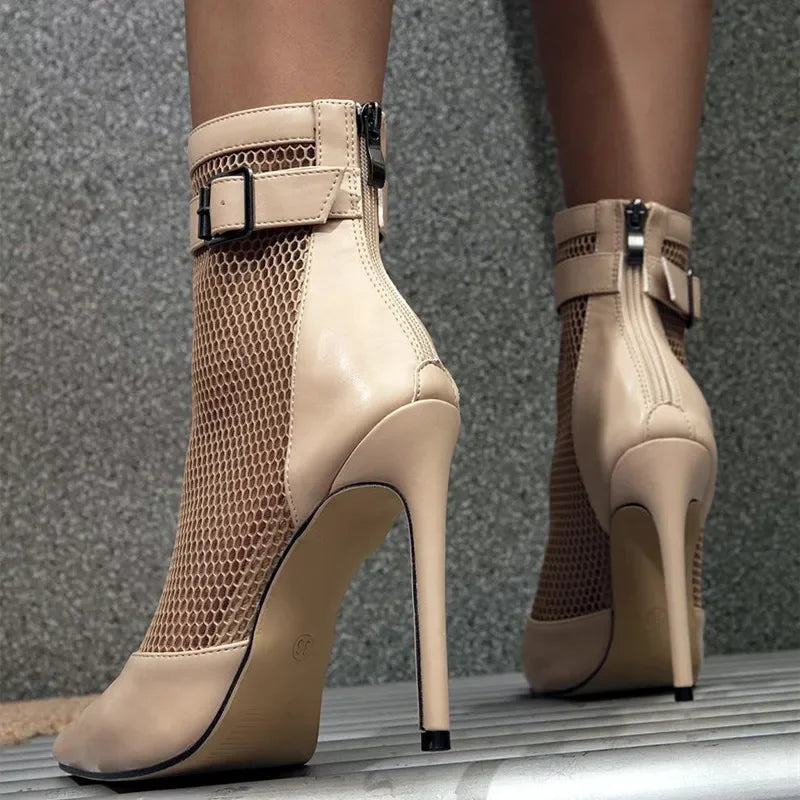 Soufree  -  Sexy Mesh Leather Splicing Thin High Heel Women's Boots Summer Belt Buckle Design High Heels Banquet Wedding Boots for Women