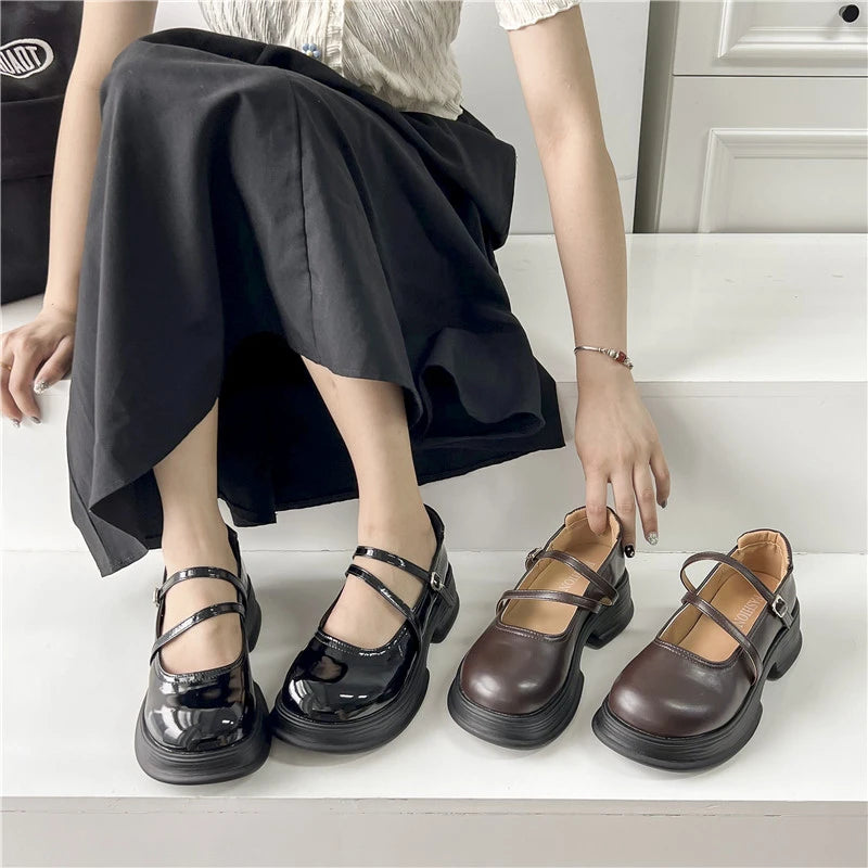 Soufree  -  Fashion Pumps Women Buckle Strap Square Mid Heels Solid Leather Oxford Shoes for Women Platform Summer Pumps Plus Size Zapatos