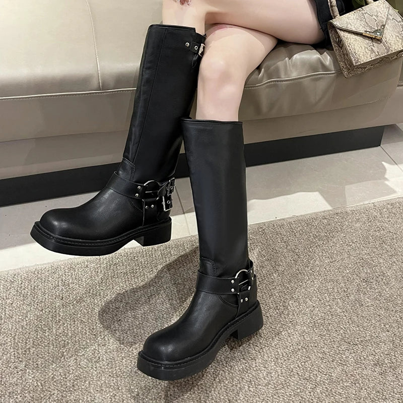 Soufree  - Fashion Belt Buckle Gothic Boots for Women Brown Thick Heels Knee High Combat Boots Woman Plus Size 42 Punk Long Botas Female