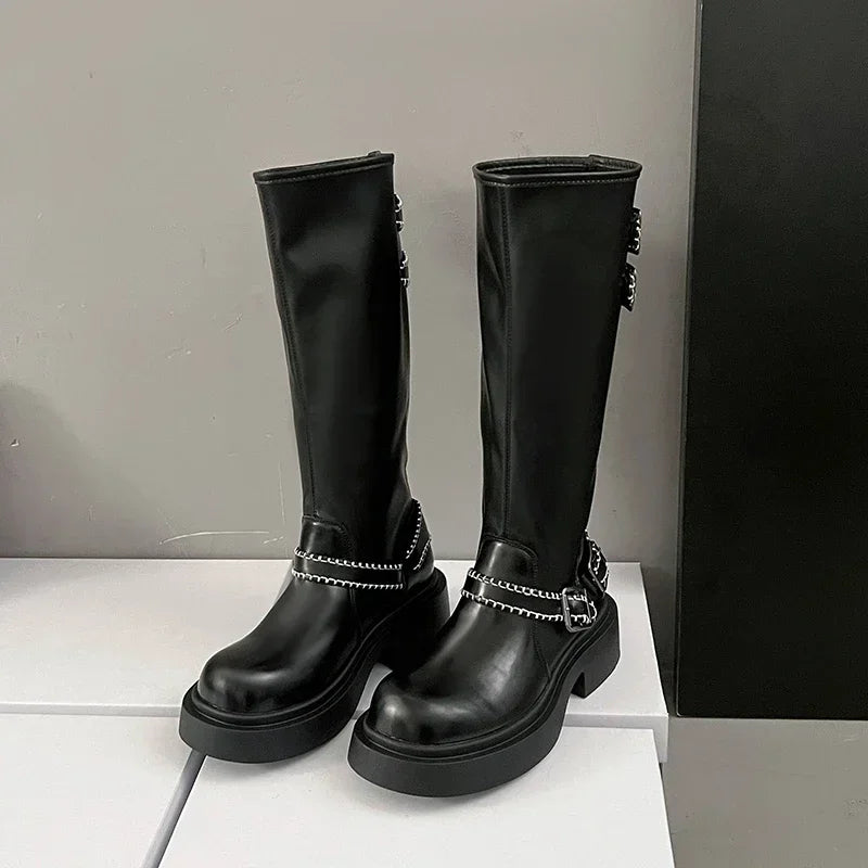 Soufree  -  trending shoes Platform Women High Boots Brand Fashion Leather Shoes Winter Woman New Trend Knee High Chelsea Boots Flats Goth Botas Mujer