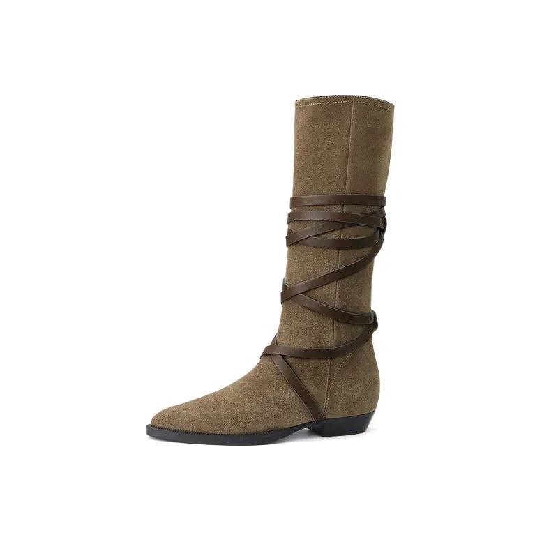 Soufree  -  Spring Autumn Women Suede Long Boots Fashion Cross Strap Western Knight Booties Pointed Toe Female Shoes