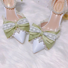 Soufree  -  Lolita High Heels for Women Pearl Lace Green Designer Shoes High End Knot Bridal Shoes Fashion Women Trending