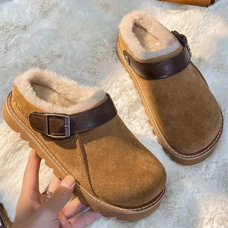 Soufree  -  trending shoes Women Slippers Fur Flats Short Plush Mules Shoes New Women Platform Cotton Shoes Suede Home Flip Flops Warm Shoes