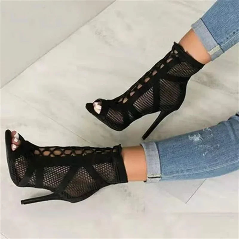 Soufree   -  New Fashion Show Black Net Fabric Cross Strap Sexy High Heel Sandals Woman Shoes Pumps Lace-up Peep Toe Sandals Casual Mesh