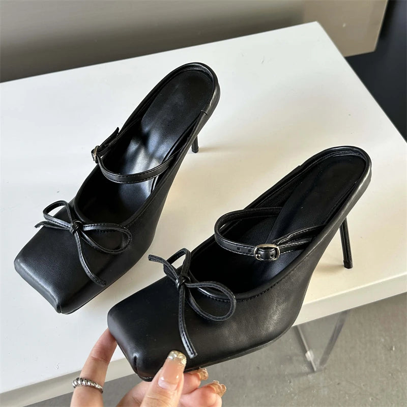 Soufree  -  Designer Bowknot Buckle Strap Pumps Women Sexy Square head Thin Heels Wedding Banquet Dress Mule Ladies Shoes