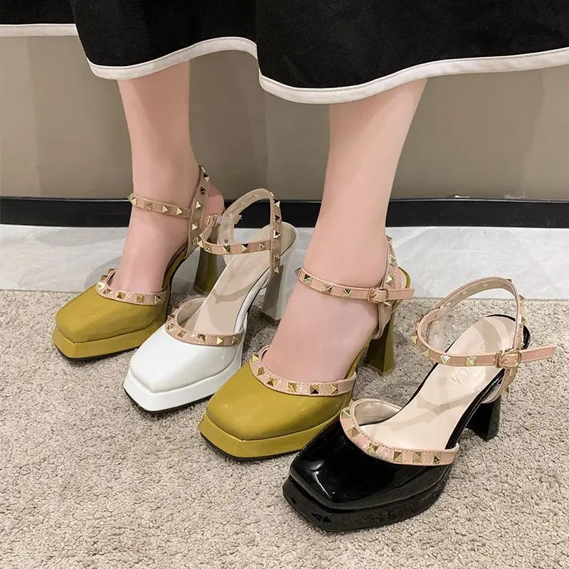 Soufree  -  unique shoes rivet platform heels sandals Mary Jane Shoes Buckle Pumps Women Elegant Shallow Square Toe Footwear Outdoor Lady Shoes white