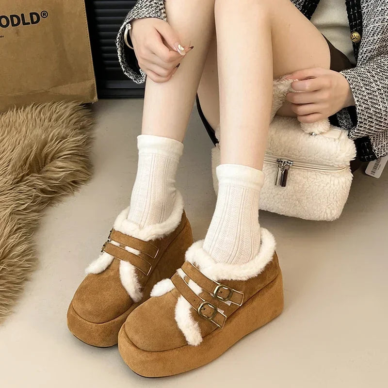 Soufree  -  Winter Fur Women Mary Jane Shoes Fashion Belt Buckle Shoes Outdoor Platform Heel Warm Cotton Shoes