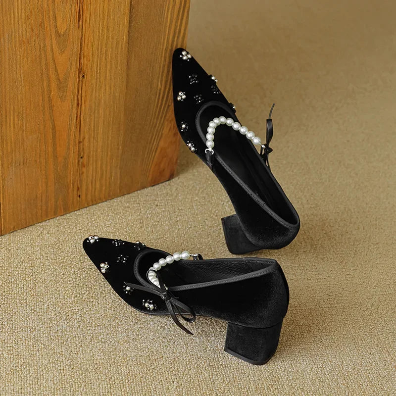 Soufree  -  Pearl Design Mary Jane Shoes Flannel Pointed Toe Pumps Women Elegant Fashion Dress Shoes Female Comfy Chunky Classic Women Shoes