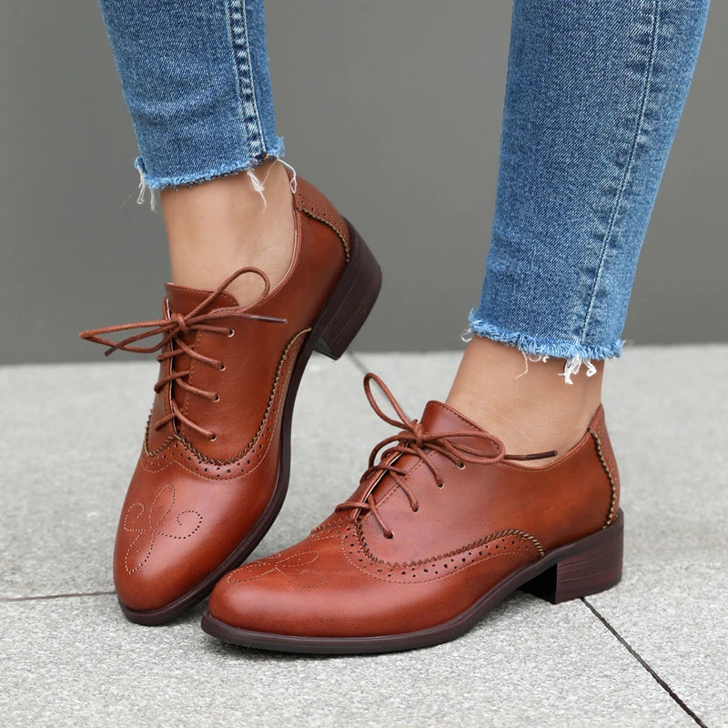 Soufree  -  Spring Autumn Oxfords Shoes for Women British Style Lace Up Round Toe Black White Vintage Brogue Flats Female Derby Shoes 47 48