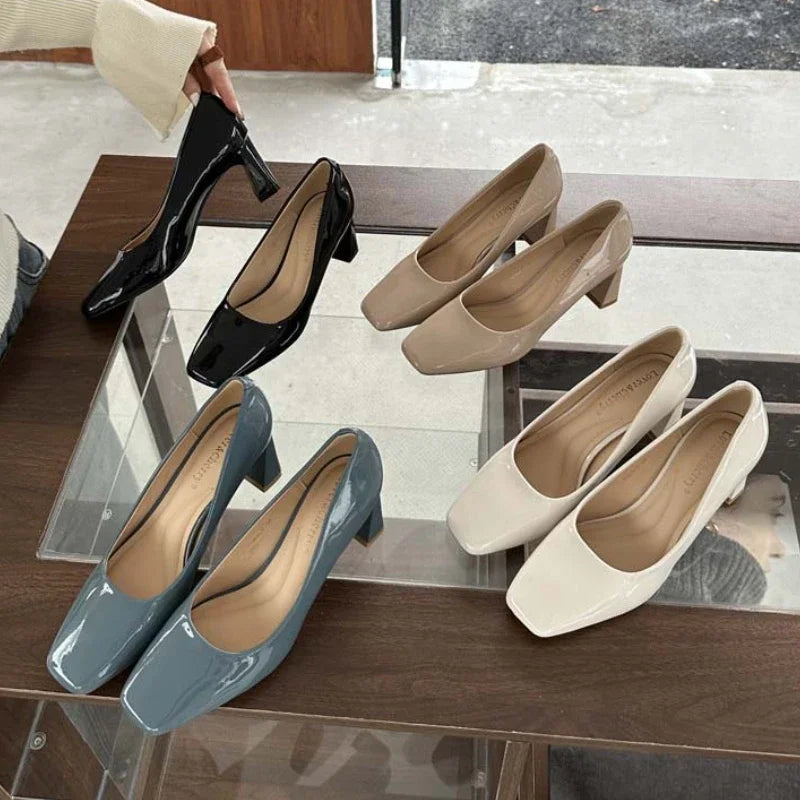 Soufree  -  prom shoes Spring  Autumn New High Heels Women Square Toe Pumps Female Fashion Concise Patent Leather Elegant Office Women's Shoes