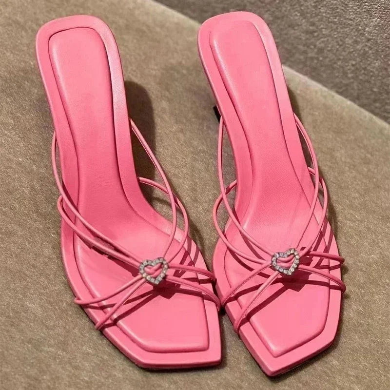 Soufree  -  Heart shaped crystal embellished candy pink sandals French socialite square toe open toe thin heel thin strap high heels