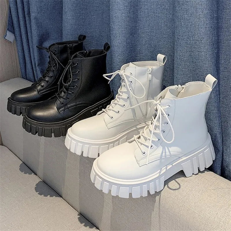 Soufree  -   Chunky Platform Ankle Boots Women Pu Leather Square Heels Combat Boots Woman Lace Up White Black Short Booties Female