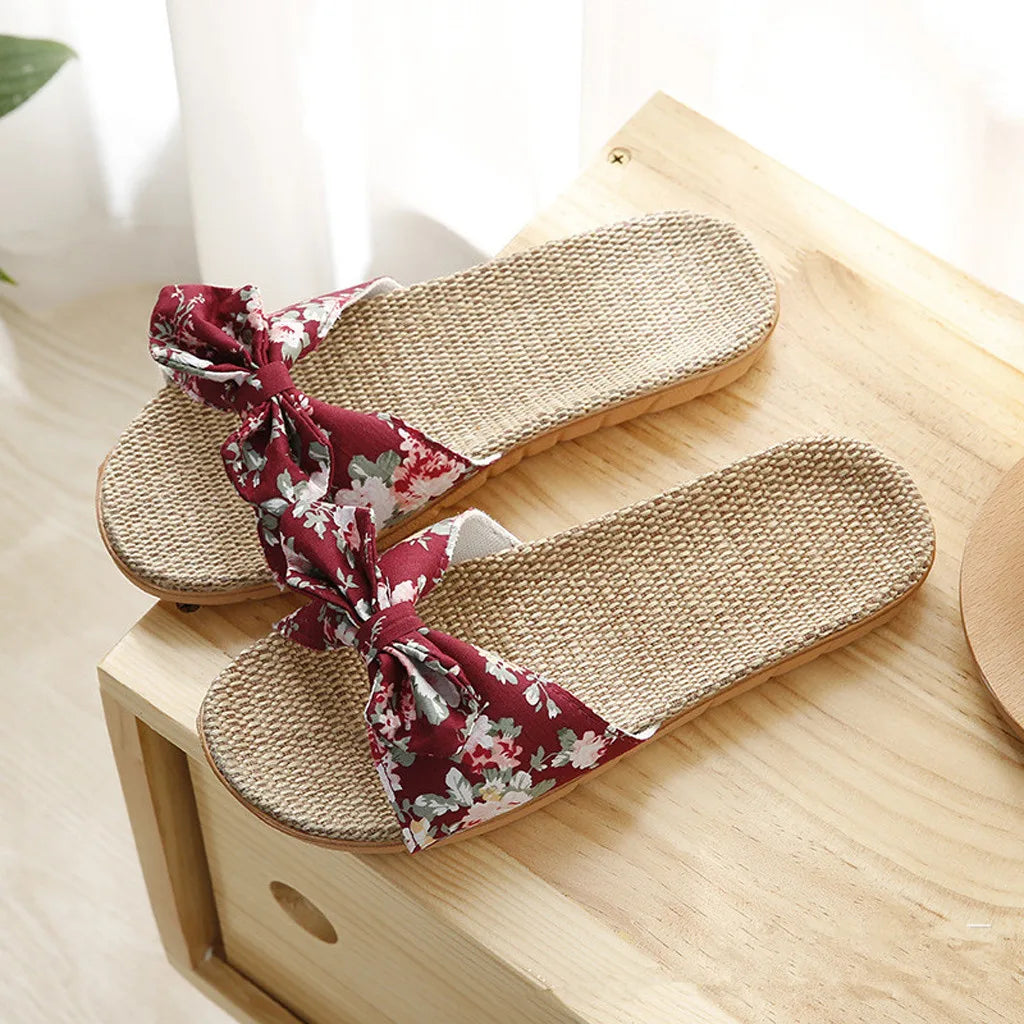 Soufree  -  Women Slippers Flip Flops Female Bowknot Sweet Shoes Flax Beach Linen Slippers Shower Quick Drying Leisure Ladies Slippers