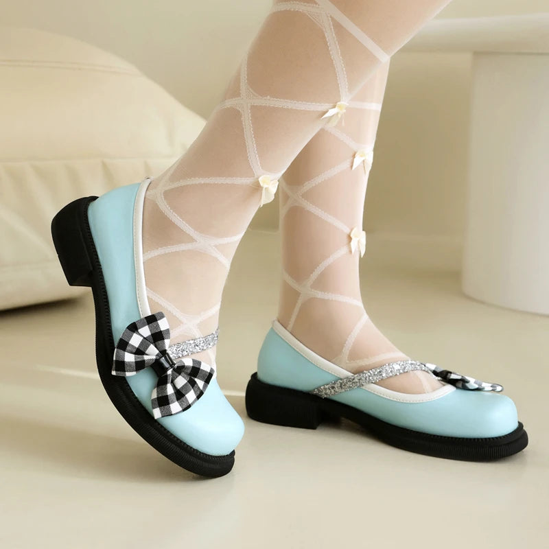 Soufree  -  Blue Pink White Lolita Style Sweet Girls Student Mary Jane Shoes Women Round Toe Platform Plaid Bow JK Uniform Flats Loafers 42