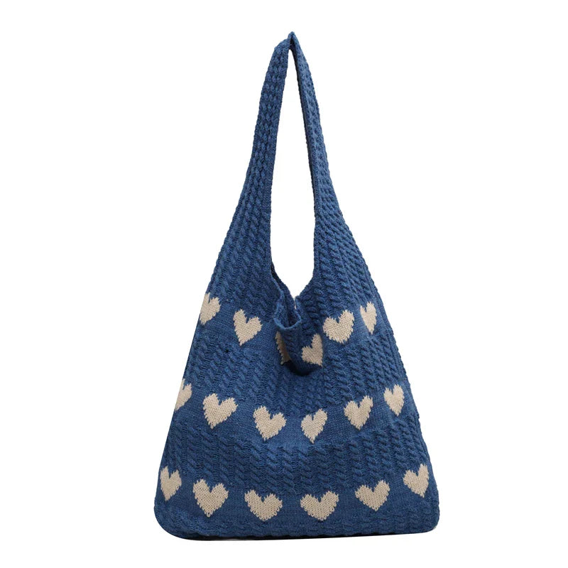 Soufree  -  Heart Knitted Women's Bag Knit Eco Bag Korean Foldable Shopper Y2K Crochet Rope Shoulder Bag Sweet Knitting Handbag Ins Tote Bag