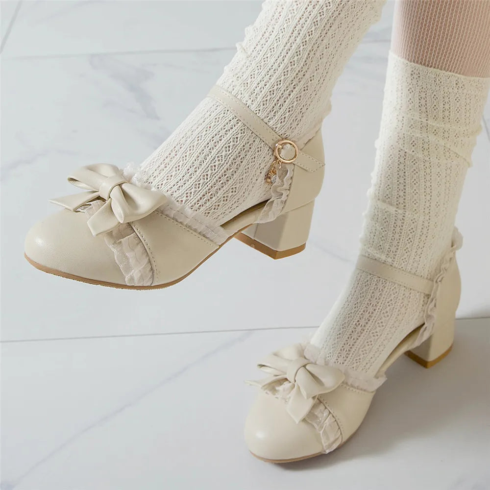 Soufree  -   Spring Women High Heels Mary Jane Pumps Party Wedding White Pink Beige String Bead Bow Princess Cosplay Lolita Shoes 31-43