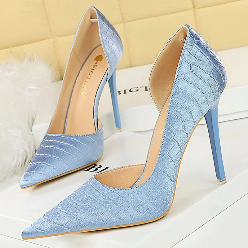 Soufree  -  Shoes Sky Blue Women Pumps Sexy High Heels Vintage Stone Pattern Design Women Heels Stilettos Ladies Shoes Large Size 43