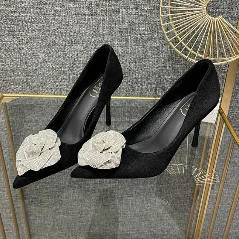 Soufree  -  prom shoes Luxury Rhinestone Flower Pumps Women Pointed Elegant Office High Heeled Female Fashion Party Dress Shoes Floral Thin High Heel