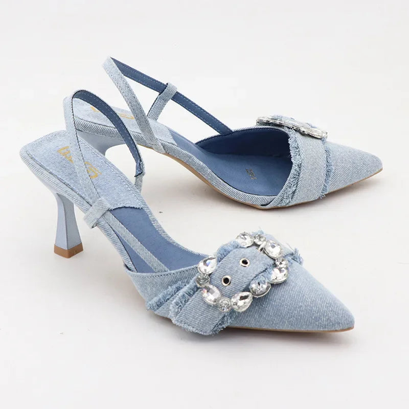 Soufree  -  Denim Rhinestone Blue High Heels Sandals Designer Summer Office Women Shoes Pointed Toe Low Heel Elegant Jean Ladies Shoes Pumps