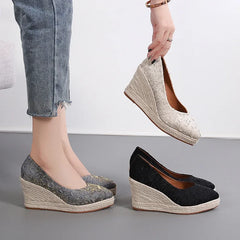 Soufree  -  New Pointed Shallow Mouth Women Wedge Heel Thick Sole Single Shoes Women Straw Woven Twine rope sole Spring Autumn Shoes