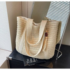 Soufree  -  Straw Woven Shoulder Bags for Women Summer Beach Handbag with Tassel Female Fashion Handbag in Khaki Beige