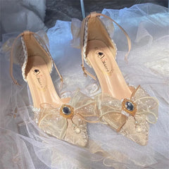 Soufree  -  Elegant Retro Lolita Court Style Cosplay Flower Wedding Girl Gorgeous Satin Bow Pearl Gem Ribbon Flower 8.5cm High Heels Shoes