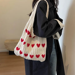 Soufree  -  Heart Knitted Women's Bag Knit Eco Bag Korean Foldable Shopper Y2K Crochet Rope Shoulder Bag Sweet Knitting Handbag Ins Tote Bag