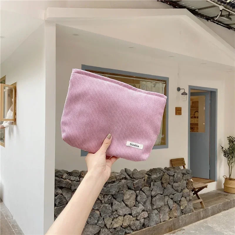 Soufree  -  Women Large Cosmetic Bag Corduroy Cloth Girl Makeup Pouch Travel Bag Lipstick Organizer Cases Zipper Clutch Pencil Case Purse