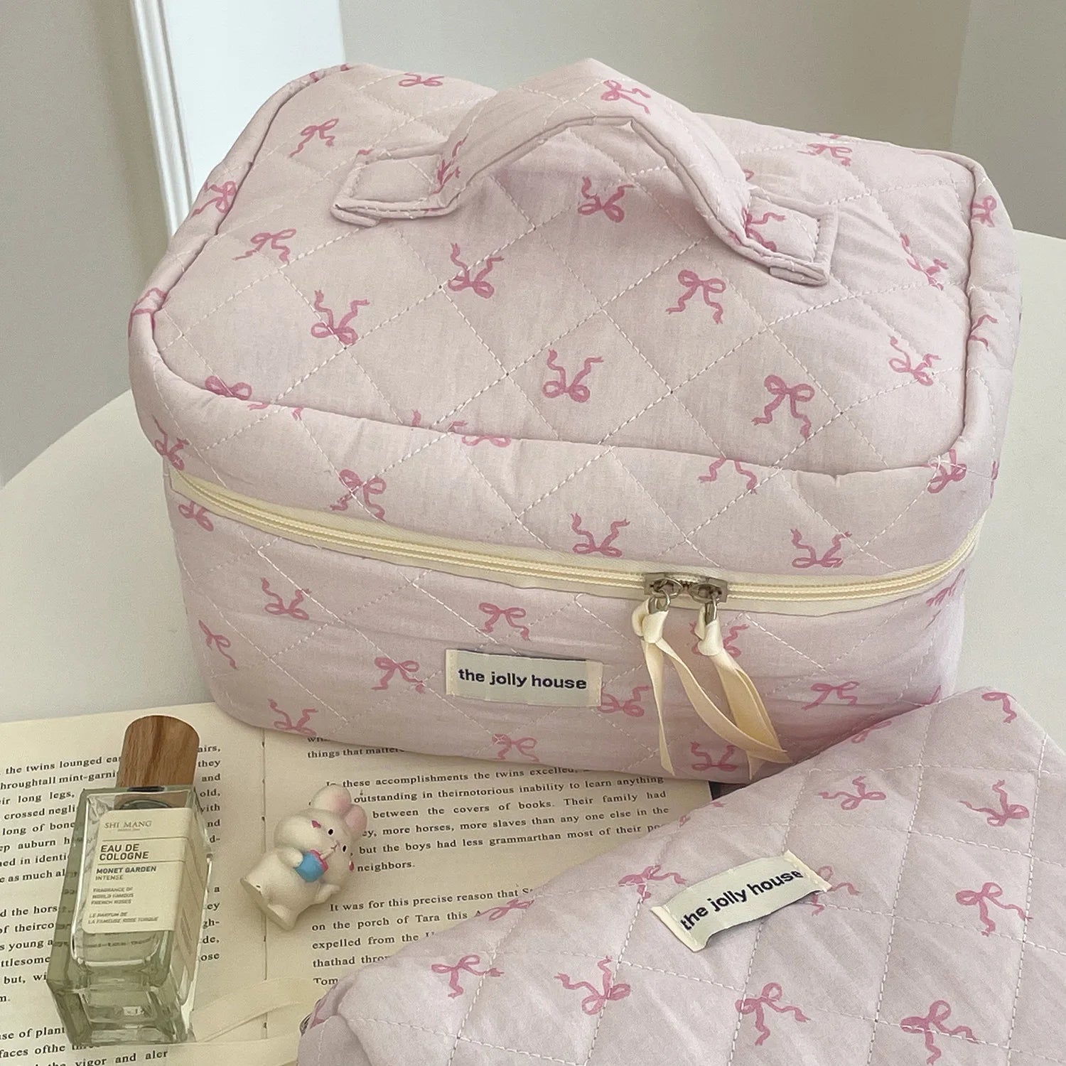 Soufree  -  Pink Bowknot Quilting Women Cosmetic Bag Portable Zipper Makeup Travel Organizer Female Handbag Toiletry Pouch For Girls