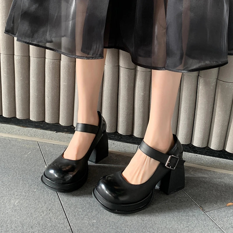 Soufree  -   Mary Jane Shoes Woman Platform Shoes for Women Pumps Ankle Strap Pu Leather Square Toe Goth Thick High Heels Ladies Shoes