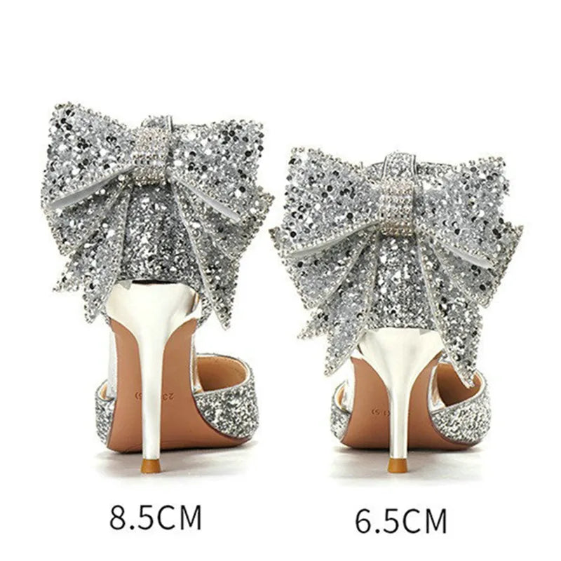 Soufree  - 8.5cm Wedding High Heels Bling Sequined Stiletto Heel Work Pumps Back Bowknot Pointed Toe Party Women's Shoes